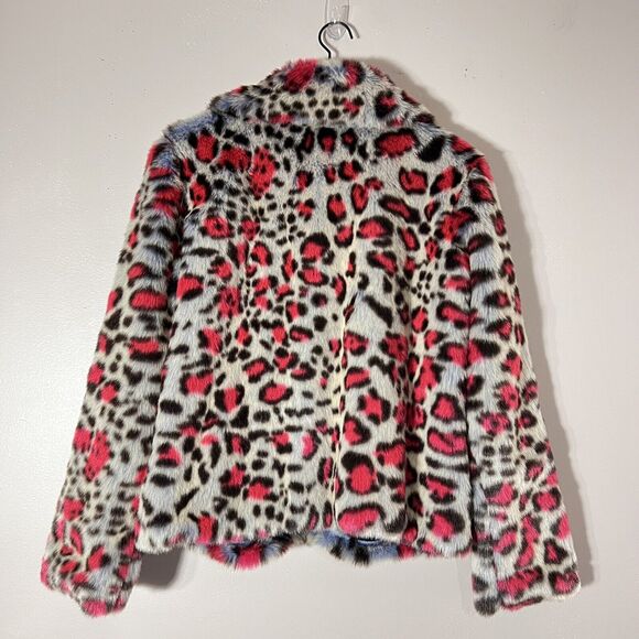 Bagatelle Pink and Blue Leopard Animal Print Faux Fur Jacket Women's Size S NWT - Picture 2 of 5